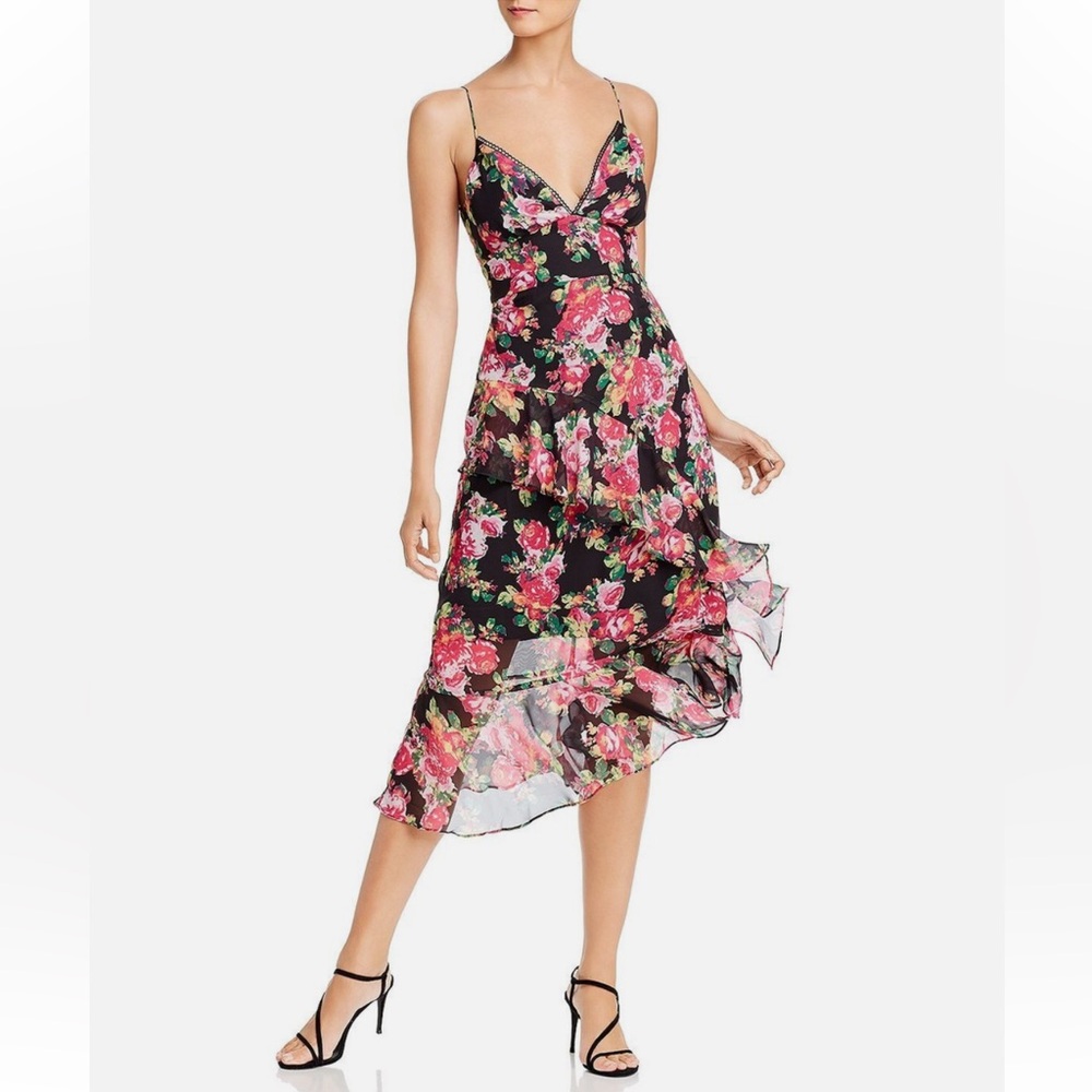 NWT Aqua Black and Red Floral Asymmetrical Dress